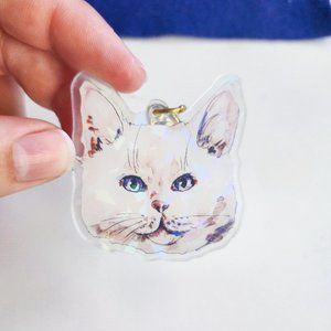 White Cat Holo Keychain, Holographic Pet Keyring, Cute Light Cat Art
